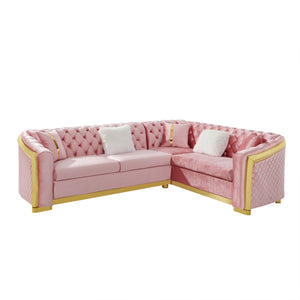 English Elm 106 Inch Velvet Tufted Chesterfield Sectional with Gold Steel Legs for Large Living Rooms Pink W1191S00129