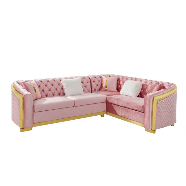 English Elm 106 Inch Velvet Tufted Chesterfield Sectional with Gold Steel Legs for Large Living Rooms Pink W1191S00129
