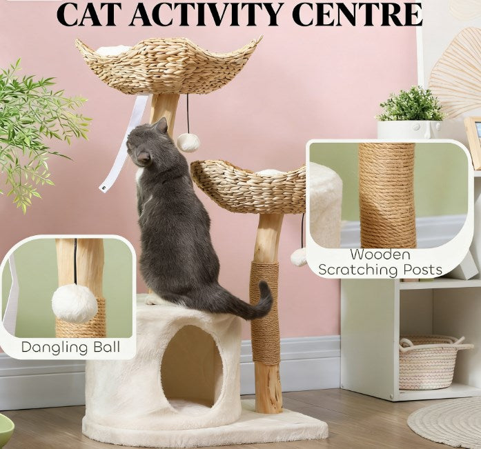 English Elm Cat Tree with Jute Wrapped Pearwood Posts Woven Condo Two Perches Indoor Home T3971P431972