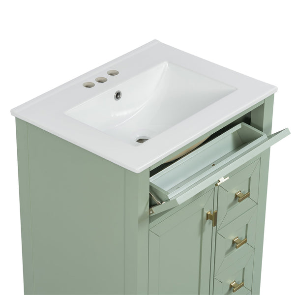 English Elm "24'' 24 Inch Glossy Freestanding Bathroom Vanity with Gold Hardware and Soft Close Storage Green Rubberwood N725P448529F