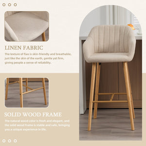 English Elm Modern Linen Upholstered Barstools with Oak Legs Armrests and Footrest for Kitchen Islands Beige W395P396313