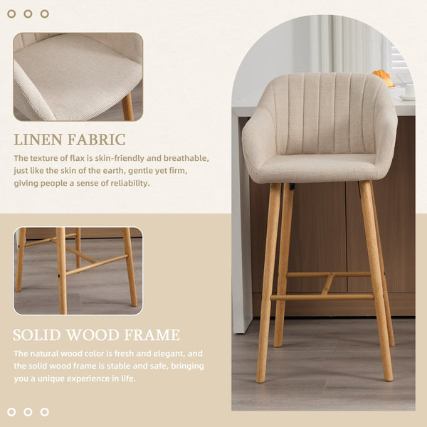 English Elm Modern Linen Upholstered Barstools with Oak Legs Armrests and Footrest for Kitchen Islands Beige W395P396313