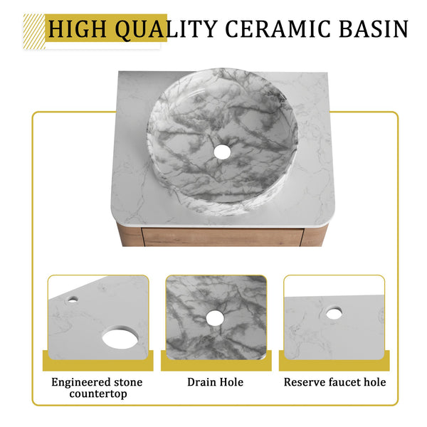 English Elm 24'' Wall-Mounted Bathroom Vanity With Ceramic Vessel Sink, Soft-Close Door & Stylish Design W999S00395