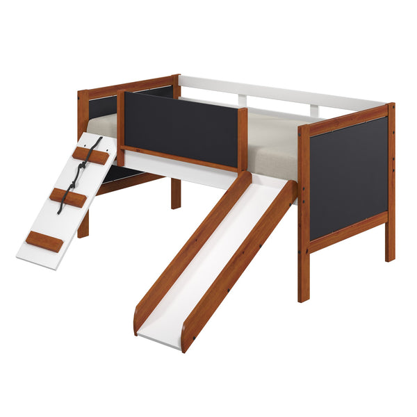 English Elm Cherry Cherry Oak and White Twin Loft Bed with Slide, Left Ladder, Blackboard Panels, 13-Slat Support B062S00462