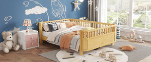 English Elm Full Full Size Wood Platform Bed for Kids with Guardrail, Solid Pine Construction, Low Profile, 350LB Capacity, Natural Finish W2593P367066