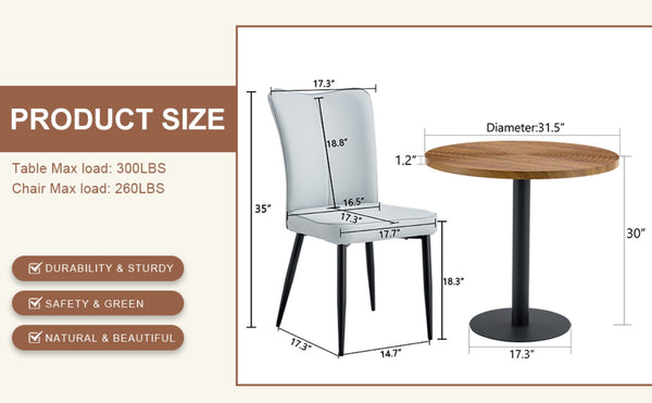 English Elm Table And Chair Set - 31.5" Round Dark Wood Dining Table With 2 Light Gray Pu Chairs For Small Spaces W1151S02487-GIGA