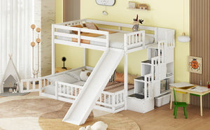 English Elm Twin Over Full Bunk Bed With Slide & Storage Staircase - Stylish Pine Bed With Safety Guardrails, White W504S00185-GIGA