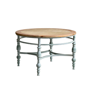 English Elm 31.50" Hand-carved Distressed Wood Round Coffee Table with Metal Legs for Living Room W3933P379162