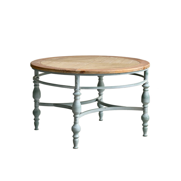 English Elm 31.50" Hand-carved Distressed Wood Round Coffee Table with Metal Legs for Living Room W3933P379162