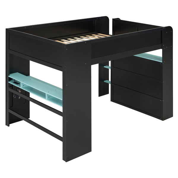 English Elm Full Size Gaming Bunk Bed with Rgb Lighting Integrated Desk Wardrobe and Storage Blue LT100266AAC