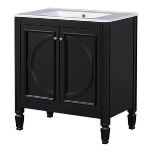 English Elm [video] 60 Inch Freestanding Double Sink Bathroom Vanity with Ceramic Basins Soft Close Storage Black N759S226000B