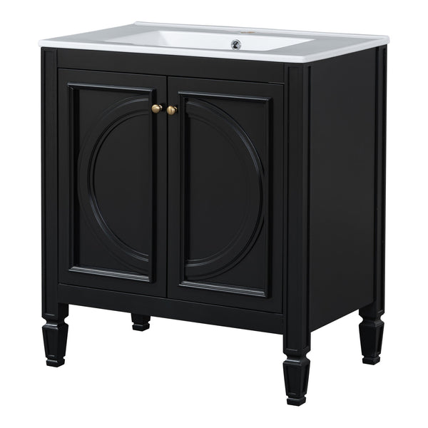English Elm [video] 60 Inch Freestanding Double Sink Bathroom Vanity with Ceramic Basins Soft Close Storage Black N759S226000B
