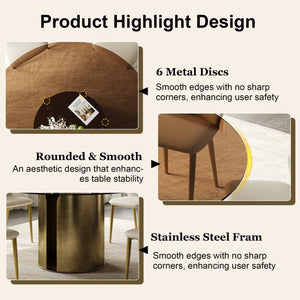 English Elm 59-Inch Modern Round Dining Table Set With 6 Chairs - Elegant Dark Brown Glass Top & Copper Legs W509S00147