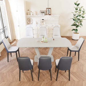 English Elm 62.99-78.74" Expandable Farmhouse Dining Set 9 Piece Mdf Table with 8 Pu Leather Chairs Blue+Grey,White W2189S00856