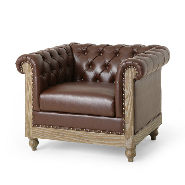English Elm Christopher Knight Home® - CLUB Club Chair Chesterfield-Inspired Tufted PU Upholstery with Nailhead Trim, Scrolled Arms, Turned Legs Dark Brown 39.25 L x 34.25 W x 25 H 72069.00