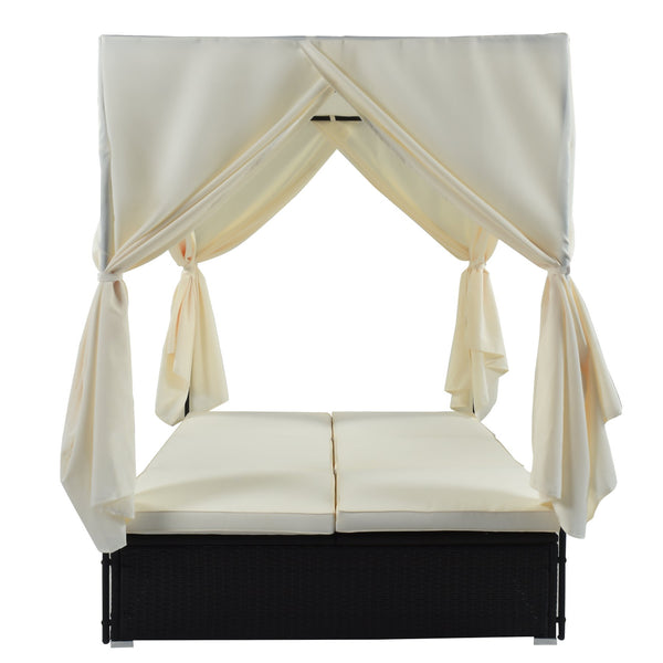 English Elm U_style Outdoor Double Daybed Resort Canopy Lounge with Steel Frame and Adjustable Backrests Beige WY000476AAK
