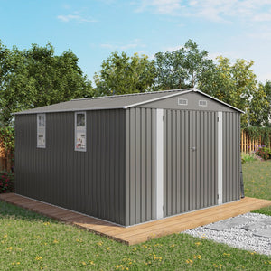 English Elm 10x12ft Galvanized Steel Outdoor Storage Shed with Vented Windows and Lockable Doors W3213S00008