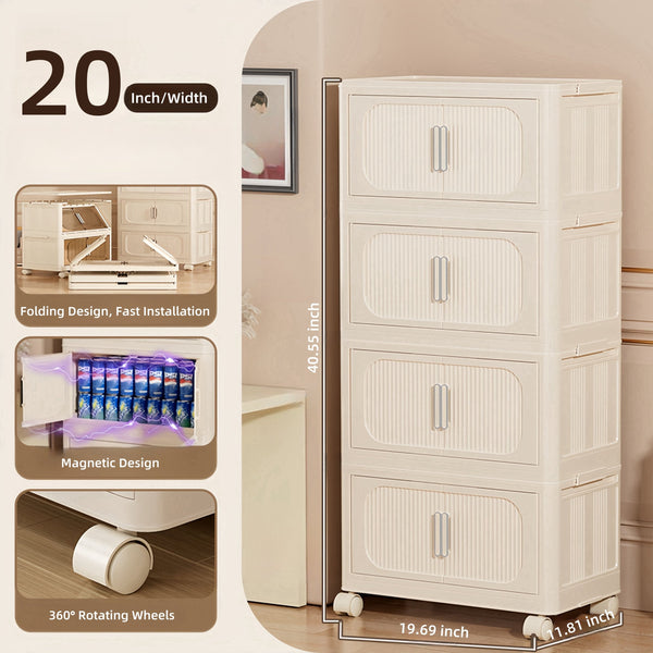 English Elm Cream 4-Tier Folding Storage Cabinet On Wheels – Versatile, Collapsible & Durable Organization Solution W2873P239387