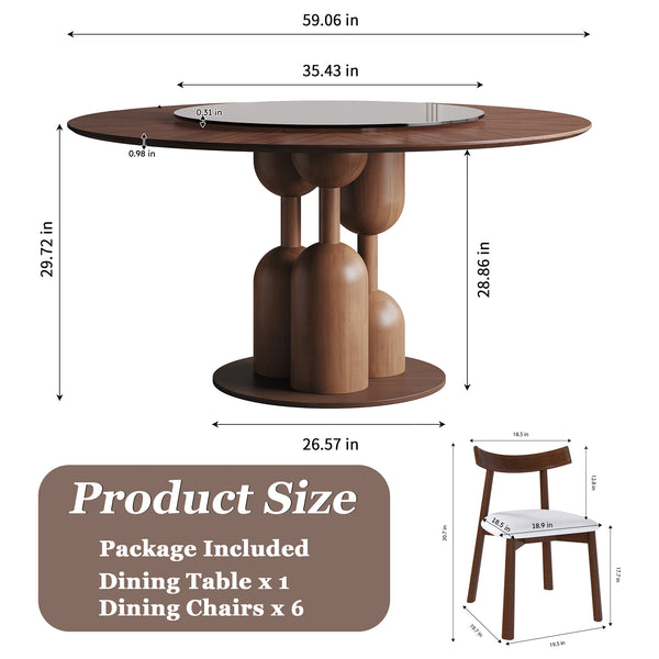 English Elm 59-inch Solid Oak Wabi-sabi Round Dining Set 6 Chairs Lazy Susan Japanese Craft W2700S00137