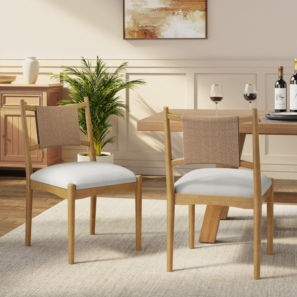 English Elm Upholstered Linen Dining Chairs Set of 2 Rubberwood Mid-century Woven Paper Rope Back Beige,Light Brown,Natural N776P385751B