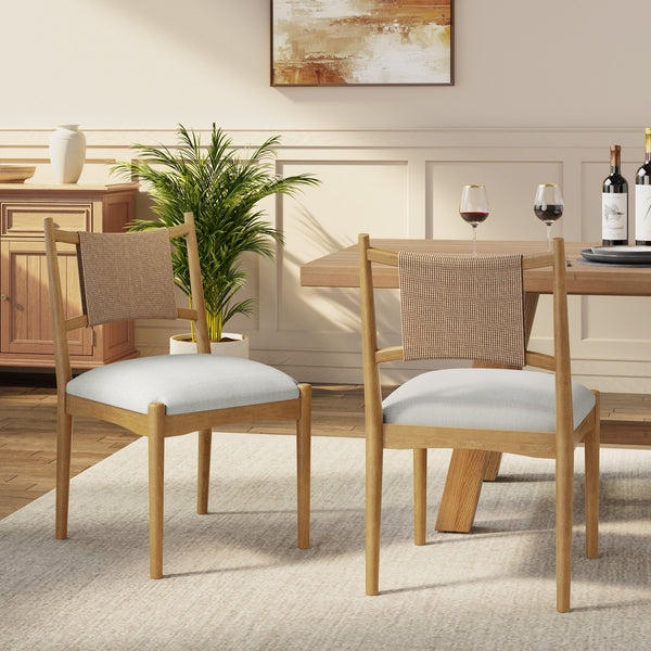 English Elm Upholstered Linen Dining Chairs Set of 2 Rubberwood Mid-century Woven Paper Rope Back Beige,Light Brown,Natural N776P385751B