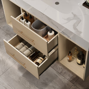 English Elm 39.4 Inch Floating Bathroom Vanity Sintered Stone Top Solid Wood 2 Soft Close Drawers W3136S00030