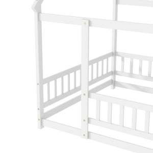 English Elm Full Size House Floor Bed With Roof Frame & Safety Guardrails - Cozy, Imaginative Retreat For Kids W504P286408
