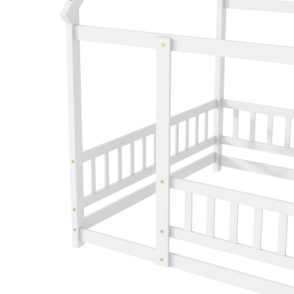 English Elm Full Size House Floor Bed With Roof Frame & Safety Guardrails - Cozy, Imaginative Retreat For Kids W504P286408