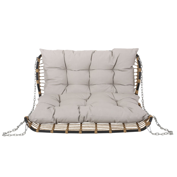 English Elm Christopher Knight Home® - ARRUDA Wicker Porch Swing with Water-Resistant Cushions, Iron Frame, Boho Outdoor Hanging Seat, 800 lb Capacity Brown+Beige 70653.00BGE