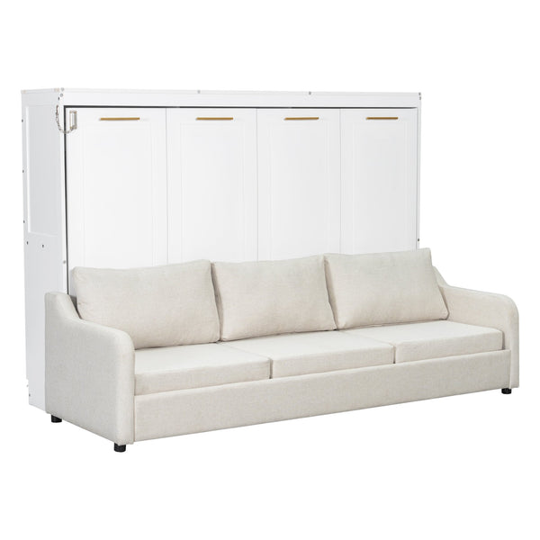 English Elm Full Size Murphy Cabinet Bed With Sofa, Built-In Storage & Led Lights - Stylish Space Saver In Beige N7090000602A