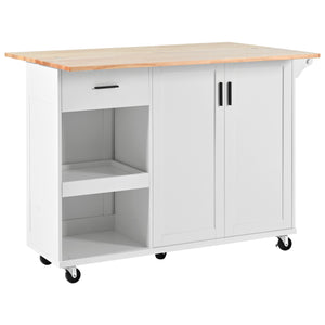 English Elm K&K Kitchen Island with Foldable Countertop, Spacious Mobile Storage Cart, Soft-Close Doors, Durable Rubberwood Top and Locking Wheels White N707P173036W