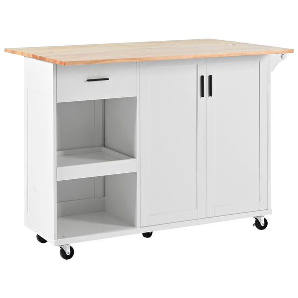 English Elm K&K Kitchen Island with Foldable Countertop, Spacious Mobile Storage Cart, Soft-Close Doors, Durable Rubberwood Top and Locking Wheels White N707P173036W