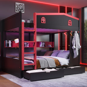 English Elm Twin Xl Solid Pine Loft Bed with Built-in Led Lighting and Storage Shelves W1580S00391