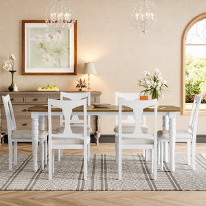 English Elm 7-piece Oak Veneer Extendable Dining Set with 6 Upholstered Chairs for Farmhouse Kitchens Natural+White N752S100030K