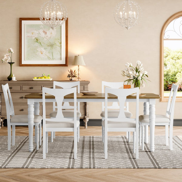 English Elm 7-piece Oak Veneer Extendable Dining Set with 6 Upholstered Chairs for Farmhouse Kitchens Natural+White N752S100030K