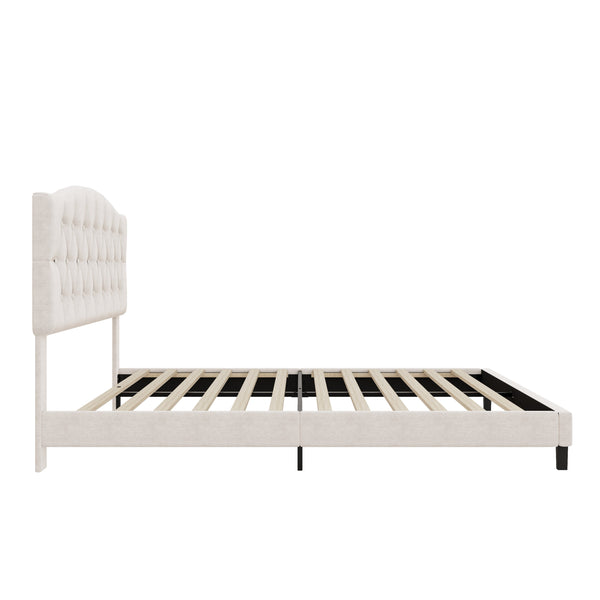 English Elm Upholstered Diamond-Tufted Platform Bed with Two-Position Adjustable Headboard and Sturdy Support Beige 65.71 L x 26.89 W x 4.88 H N701P342915B