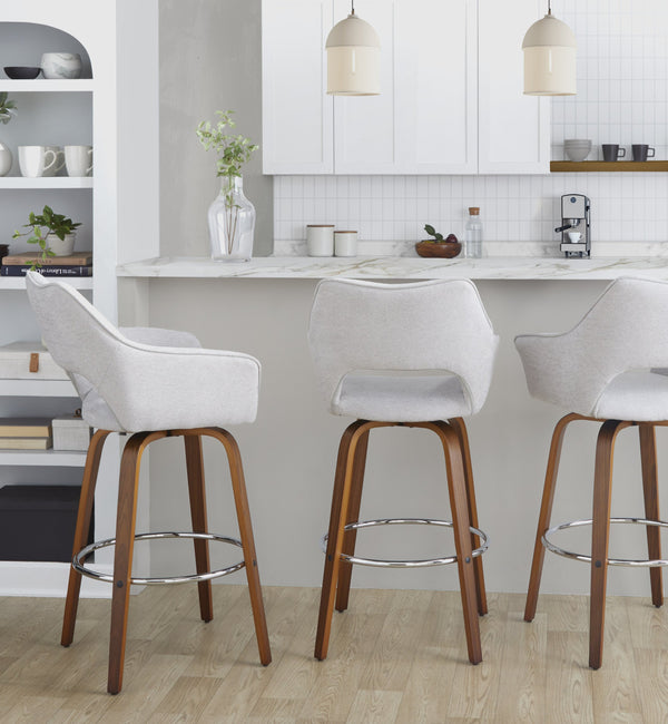 English Elm Fixed-height Swivel Barstools Mid-century Walnut Bentwood Frame Grey Upholstered Set B202S01928