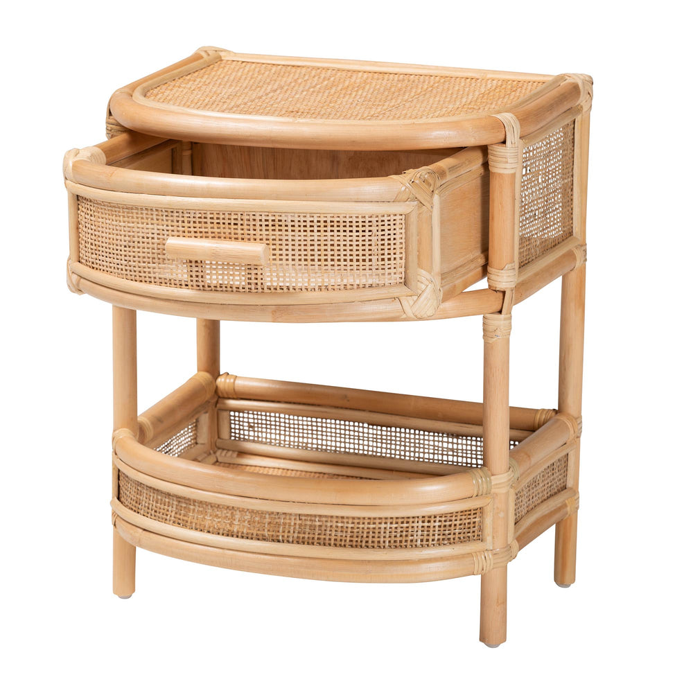 English Elm Bohemian Woven Rattan Nightstand with Geometric Drawer for Organic Bedroom Styling B2750P467733