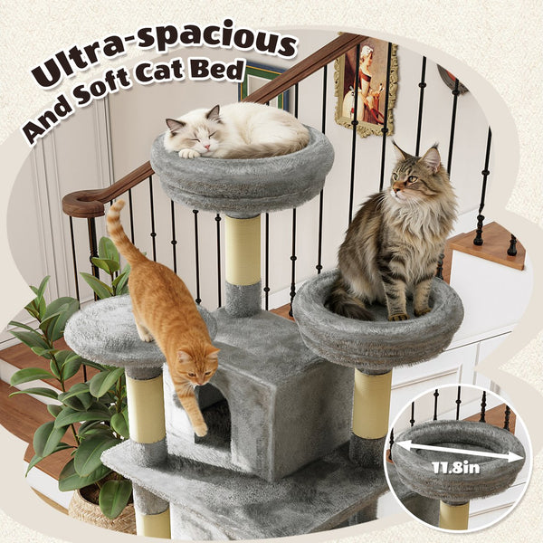 English Elm Large 7 Tier Plush Cat Tree with Dual Condos Hammock Sisal Posts for Multi Cat Homes Gray W1578P447623