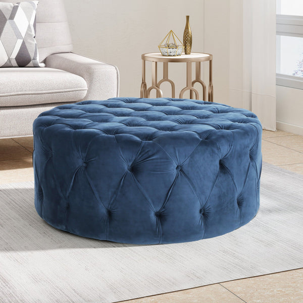 English Elm Ottoman Oversized Velvet Square Tufted Cocktail Piece for Glam Living Room Decor Blue 69074.00BLU