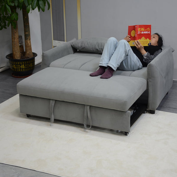 English Elm Convertible Velvet Sleeper Sofa Bed Loveseat with USB Charging, Pull-Out Bed, Storage Pockets, Gray W1183S00022