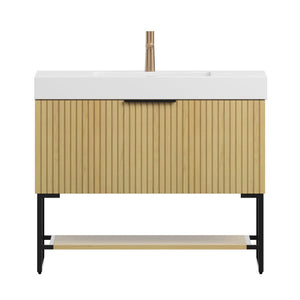 English Elm YOLAN 36" Bathroom Vanity with Integrated Solid Surface Basin, Pre-Assembled Plywood Cabinet, Soft-Close Drawer and Open Towel Shelf Golden Oak,White W2615S00253
