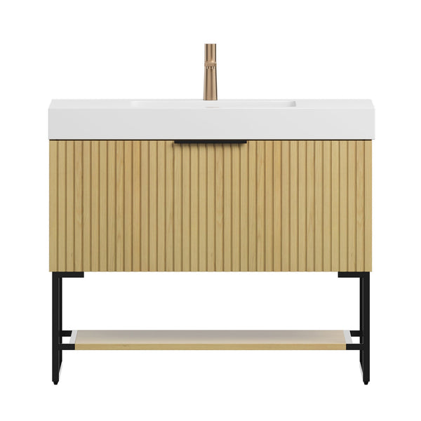 English Elm YOLAN 36" Bathroom Vanity with Integrated Solid Surface Basin, Pre-Assembled Plywood Cabinet, Soft-Close Drawer and Open Towel Shelf Golden Oak,White W2615S00253