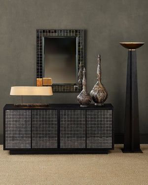 Currey & Company Mosaico Credenza: Stunning Antique Mirror Mosaic Design In Black Mango Wood - Elegant Storage Solution Black Mango Wood ,Glass 3000-0330-currey-company