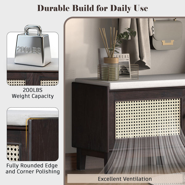 English Elm Trexm Bohemian Rattan Storage Bench Cushioned Seat Shoe Cabinet for Entryway Beige,Espresso N715P308012P