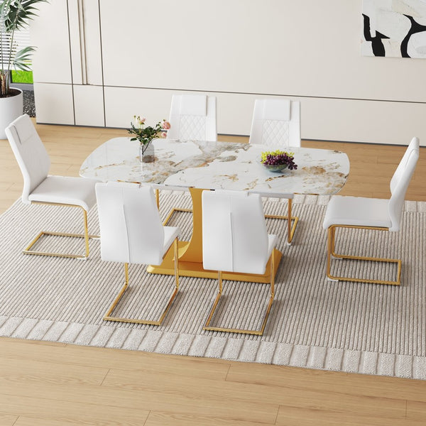 English Elm Table And Chair Set: Luxurious 71" Pandora Glass Dining Table With Gold Legs & 6 White Pu Chairs W1151S03227-GIGA