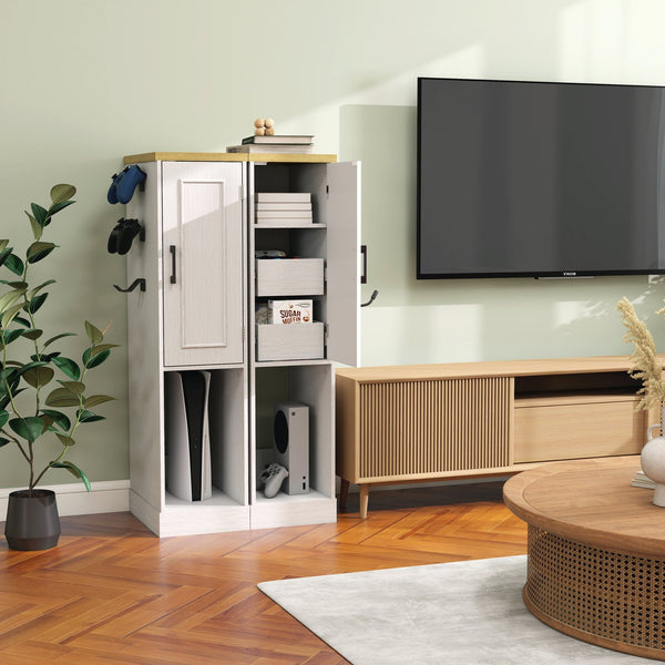 English Elm 44.49" Slim Gaming Console Storage Cabinet with Drawers and Hooks Antique White W1120P330147