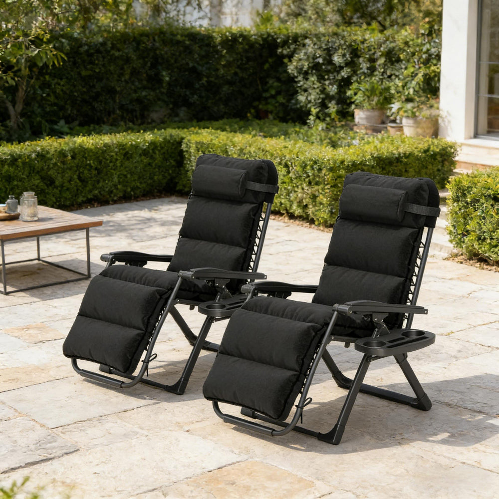 English Elm Reclining Folding Outdoor Lounge Chairs Set of Two with Cushions and Side Tray T3971P445296