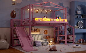 English Elm Twin Metal Loft Bed with Built-in Wardrobe Storage Stairs Led Lights and Usb Ports W5316S00046