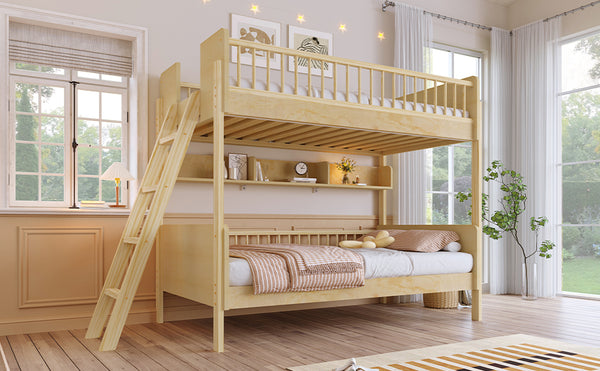 English Elm Twin Over Solid Wood Bunk Bed with Built in Shelves and Reversible Ladder N7090002224N